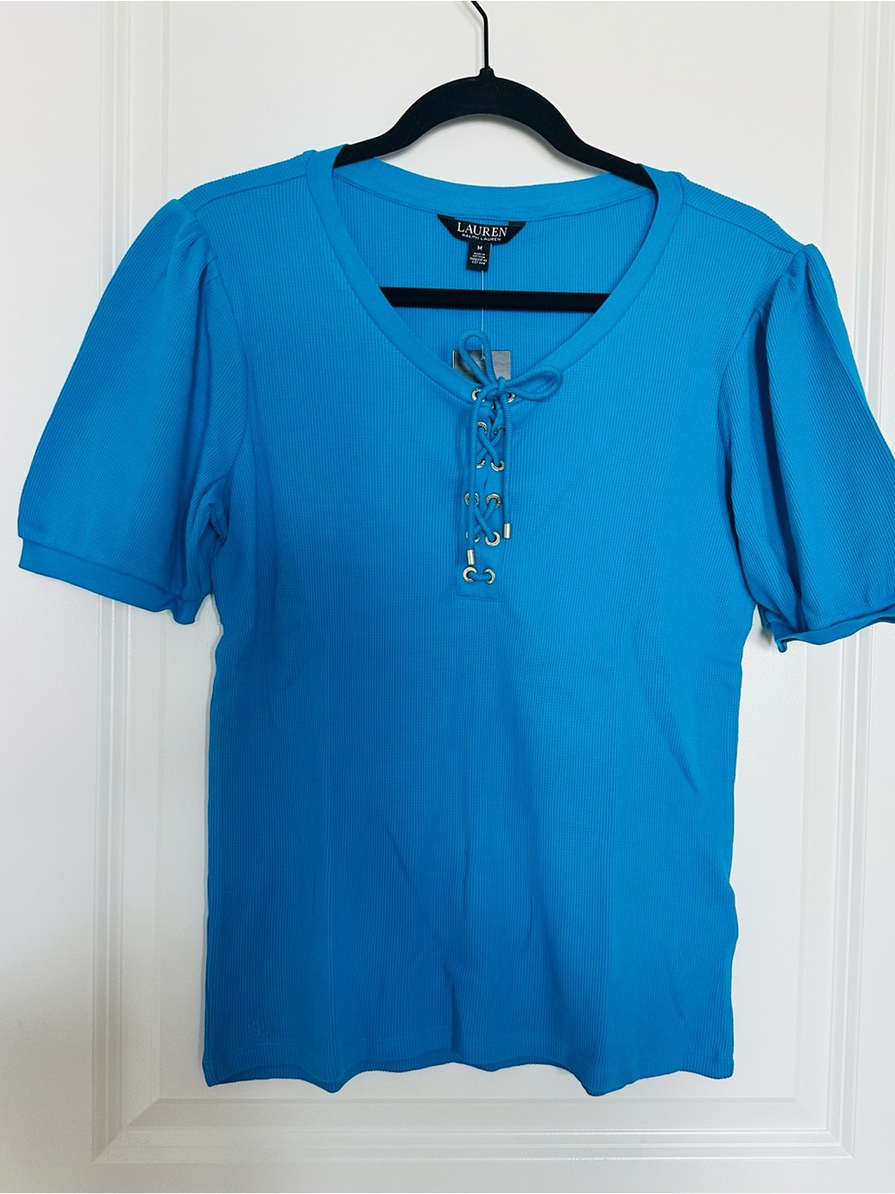 NEW NWT Lauren Ralph Lauren Lace-Up V-Neck Puff Sleeve Top